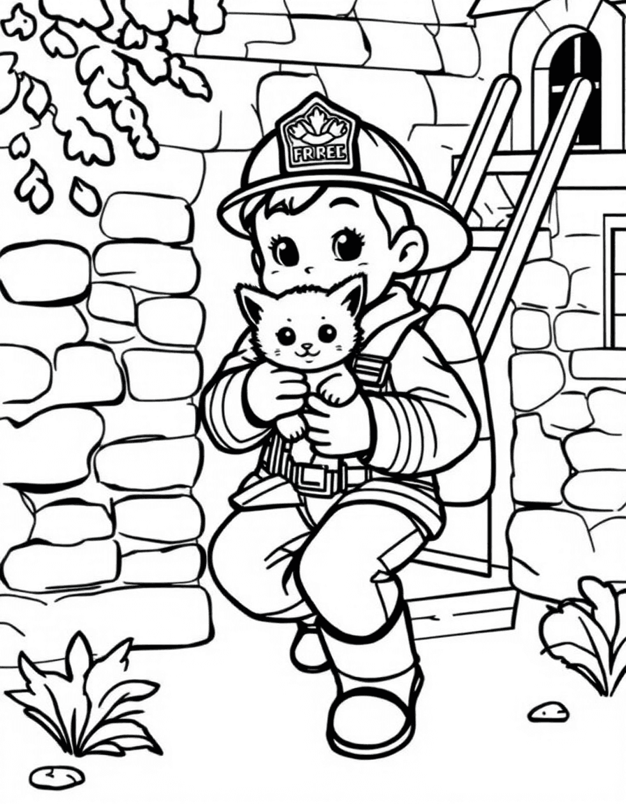 Coloriage Pompier - Pompier bienveillant descendant d'une échelle avec un petit chaton sauvé blotti dans ses bras, traits nets.