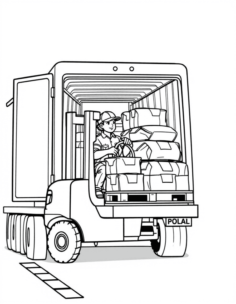 Coloriage Postier - Agent postal conduisant un chariot élévateur pour charger des palettes de sacs de courrier dans le camion, dessin simple.
