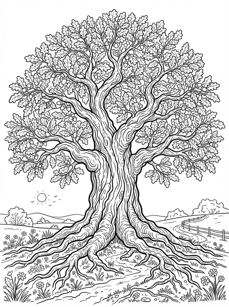 Coloriage Le Chêne Géant et son Feuillage Foisonnant
