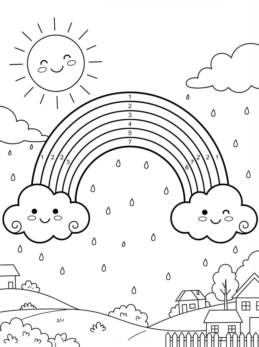 Coloriage Grand Arc-en-ciel et Nuages Joyeux