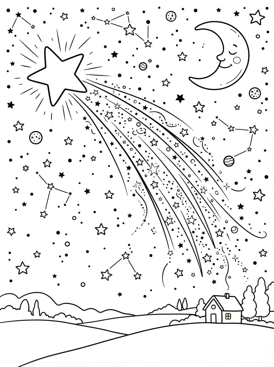 Coloriage Grande Étoile Filante dans le Ciel Étoilé