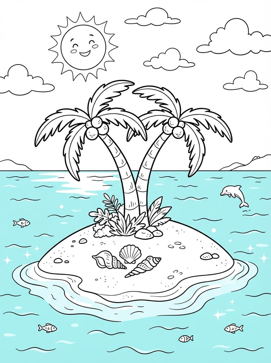 Coloriage Petite Île Paradisiaque et ses Cocotiers