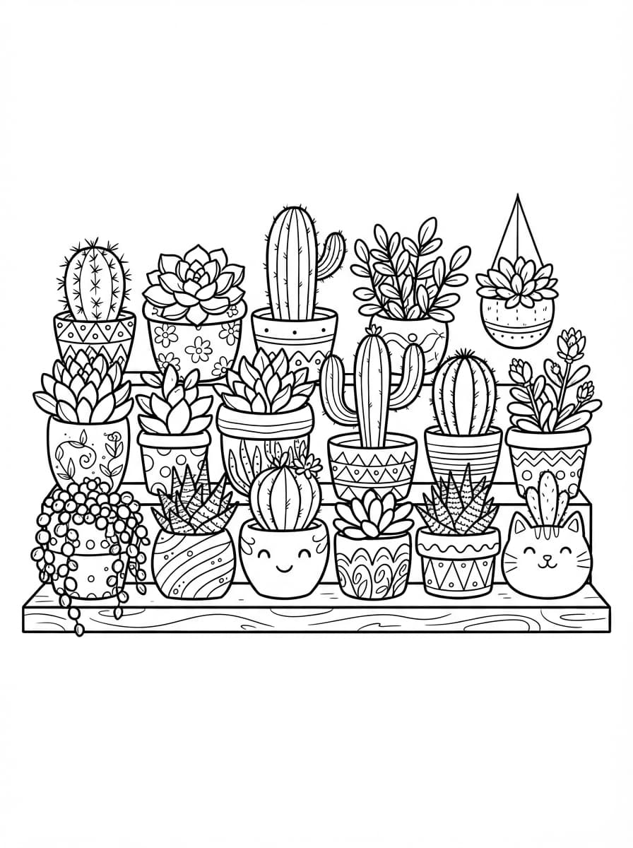 Coloriage Pots de Plantes Grasses et Succulentes