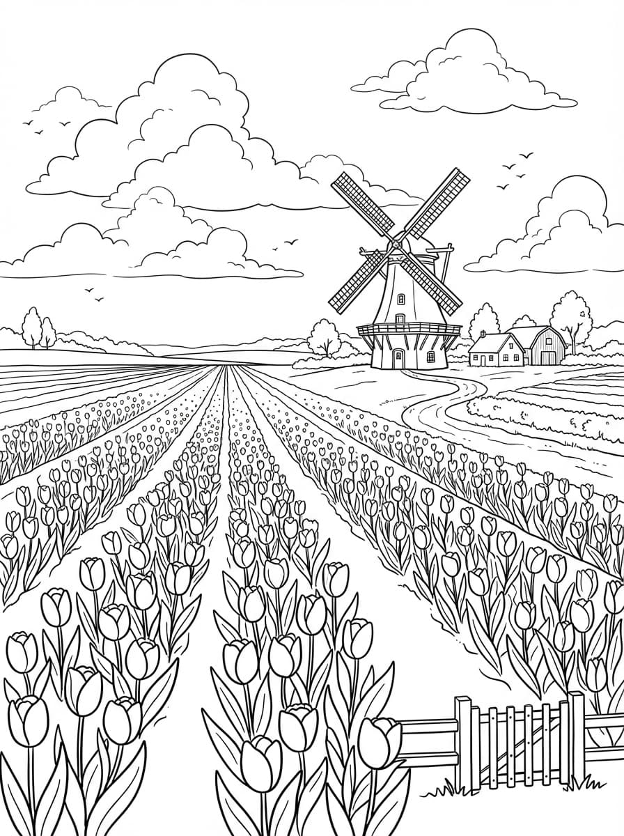 Coloriage Champ de Tulipes et Moulin Hollandais