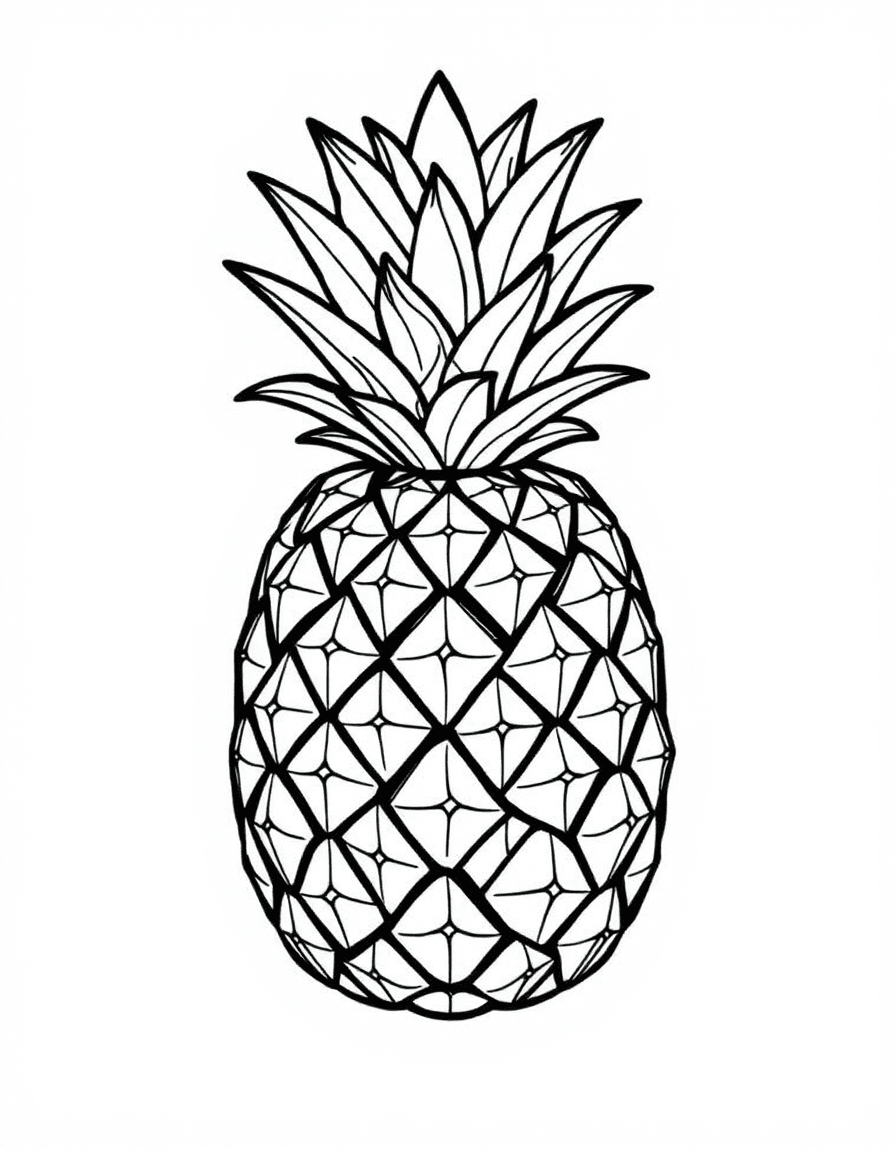 Coloriage Ananas - Bel ananas tropical entier avec son écorce aux motifs géométriques en losanges et son panache de feuilles, contours nets.