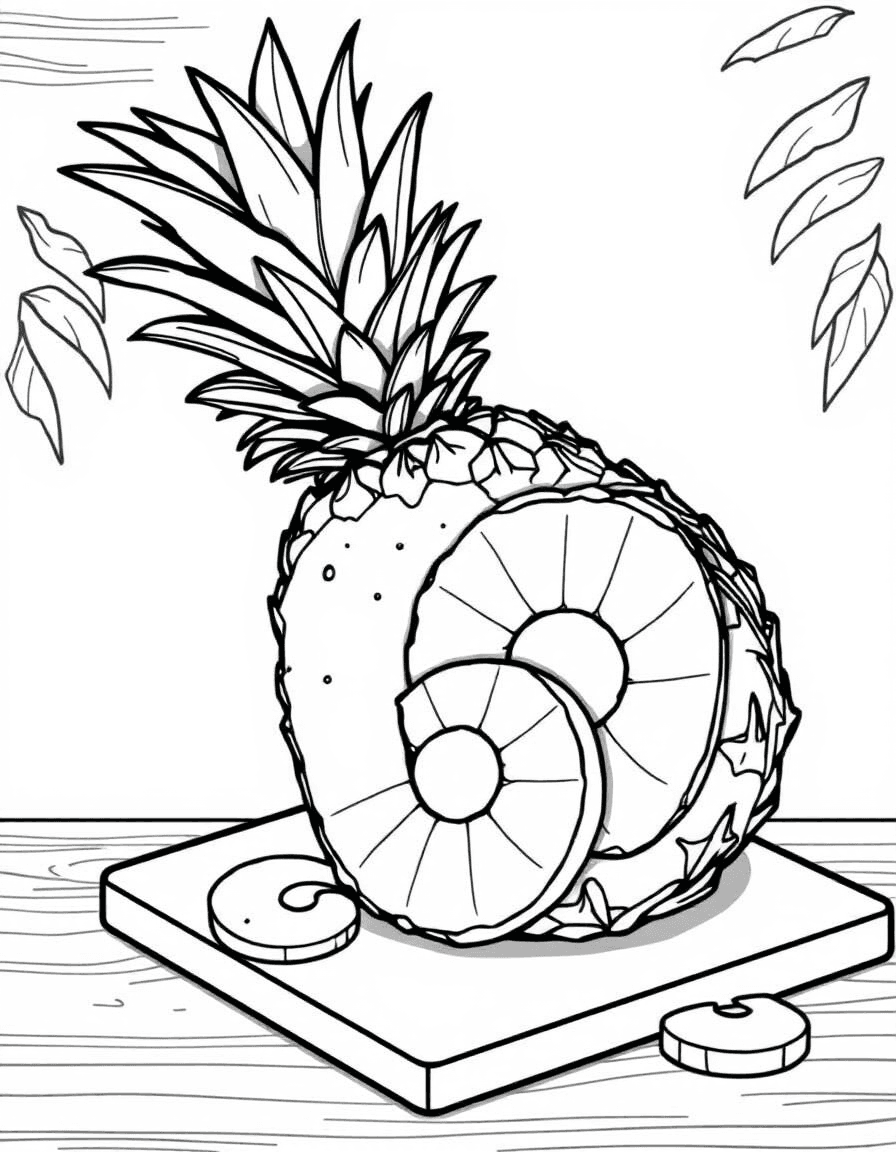 Coloriage Ananas - Ananas coupé en deux laissant voir sa chair juteuse et des tranches rondes découpées sur une planche, dessin clair.