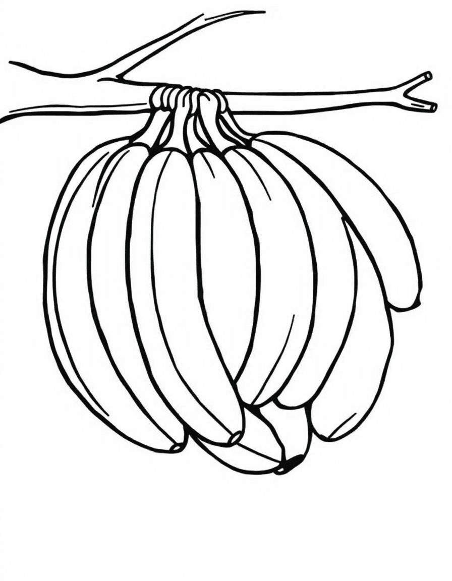 Coloriage Banane - Régime de belles bananes courbées attachées par leur tige avec une peau bien lisse, contours nets.