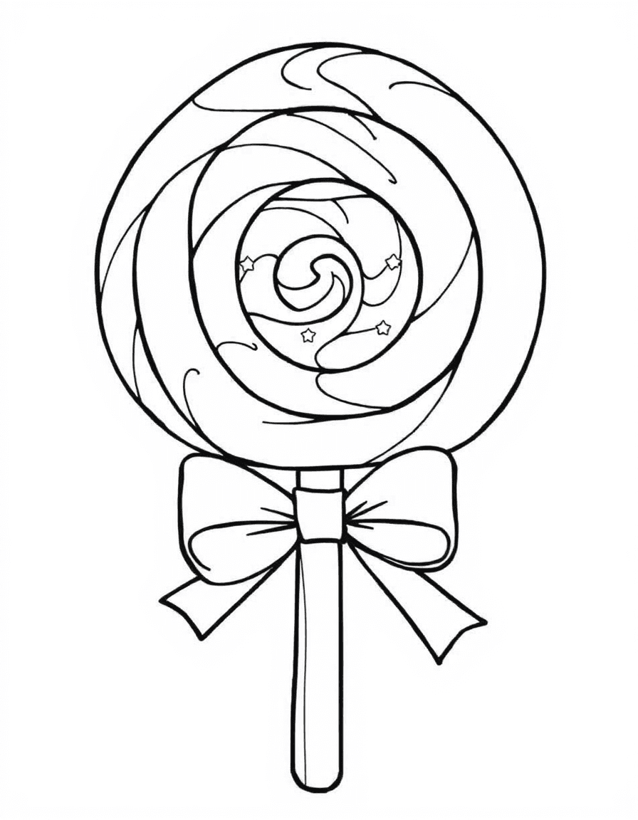Coloriage Bonbons - Grande sucette ronde tourbillonnante sur son bâtonnet avec un joli nœud en ruban et des étoiles, contours nets.