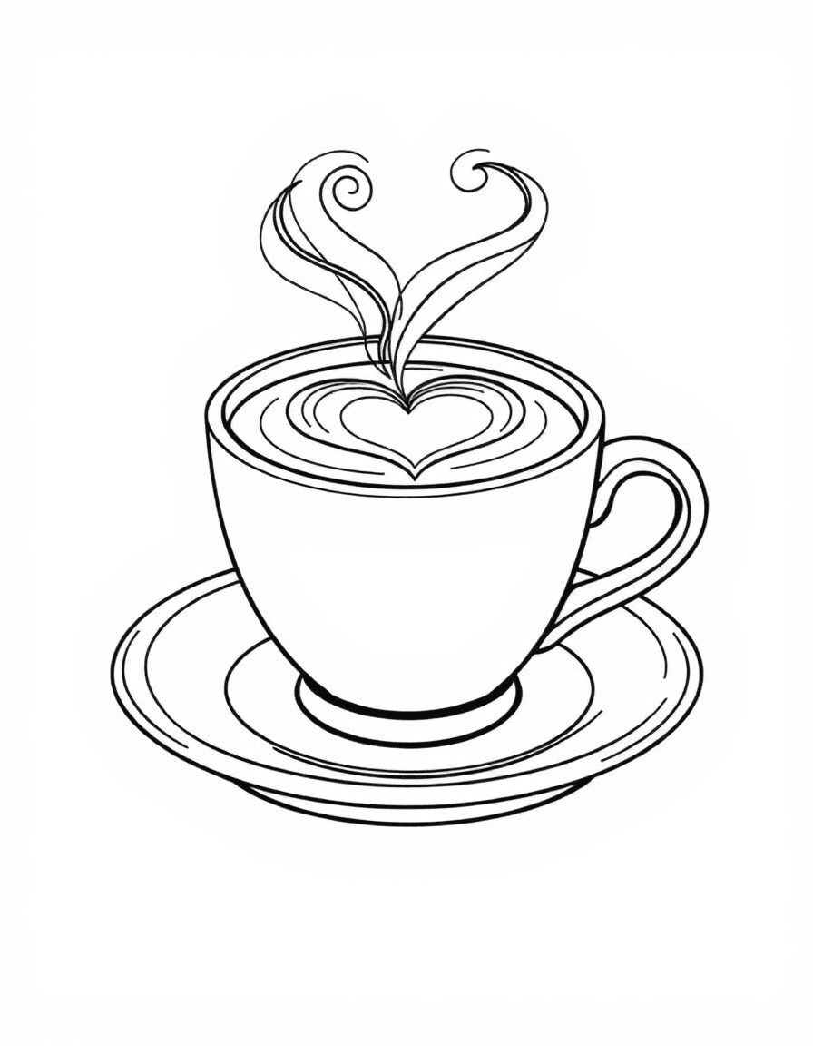 Coloriage Café - Tasse à café fumante sur sa soucoupe avec un joli cœur dessiné dans la mousse de lait (latte art), contours nets.