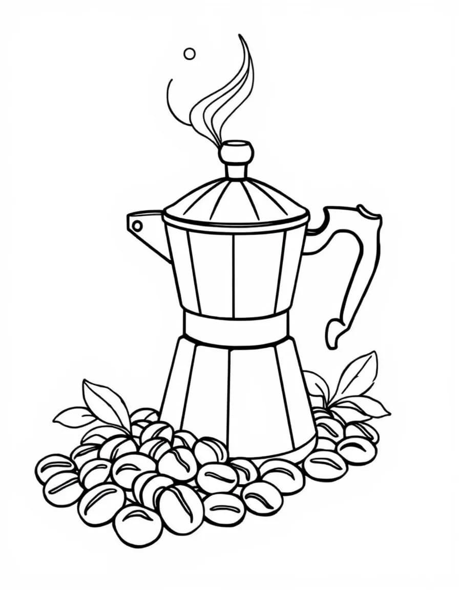 Coloriage Café - Cafetière italienne moka traditionnelle avec vapeur s'échappant et grains de café torréfiés au pied, dessin clair.