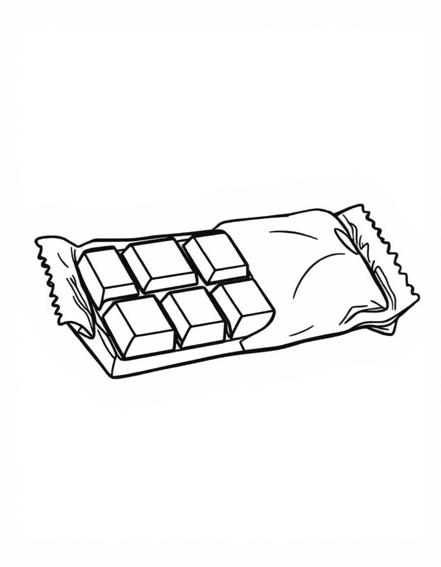 Coloriage Chocolat - Tablette de chocolat entrouverte laissant apparaître ses carrés réguliers et son papier aluminium froissé, contours nets.