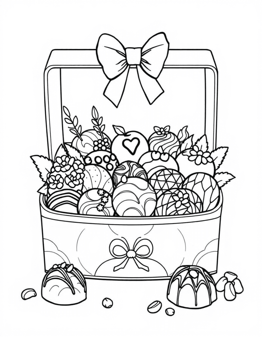 Coloriage Chocolat - Boîte de chocolats fins et truffes artisanales présentés dans leurs petites caissettes en papier, dessin clair.