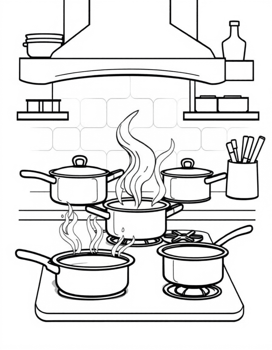 Coloriage Cuisine - Scène de cuisine familiale avec casseroles mijotant sur les feux de cuisson et vapeur s'élevant doucement, contours nets.