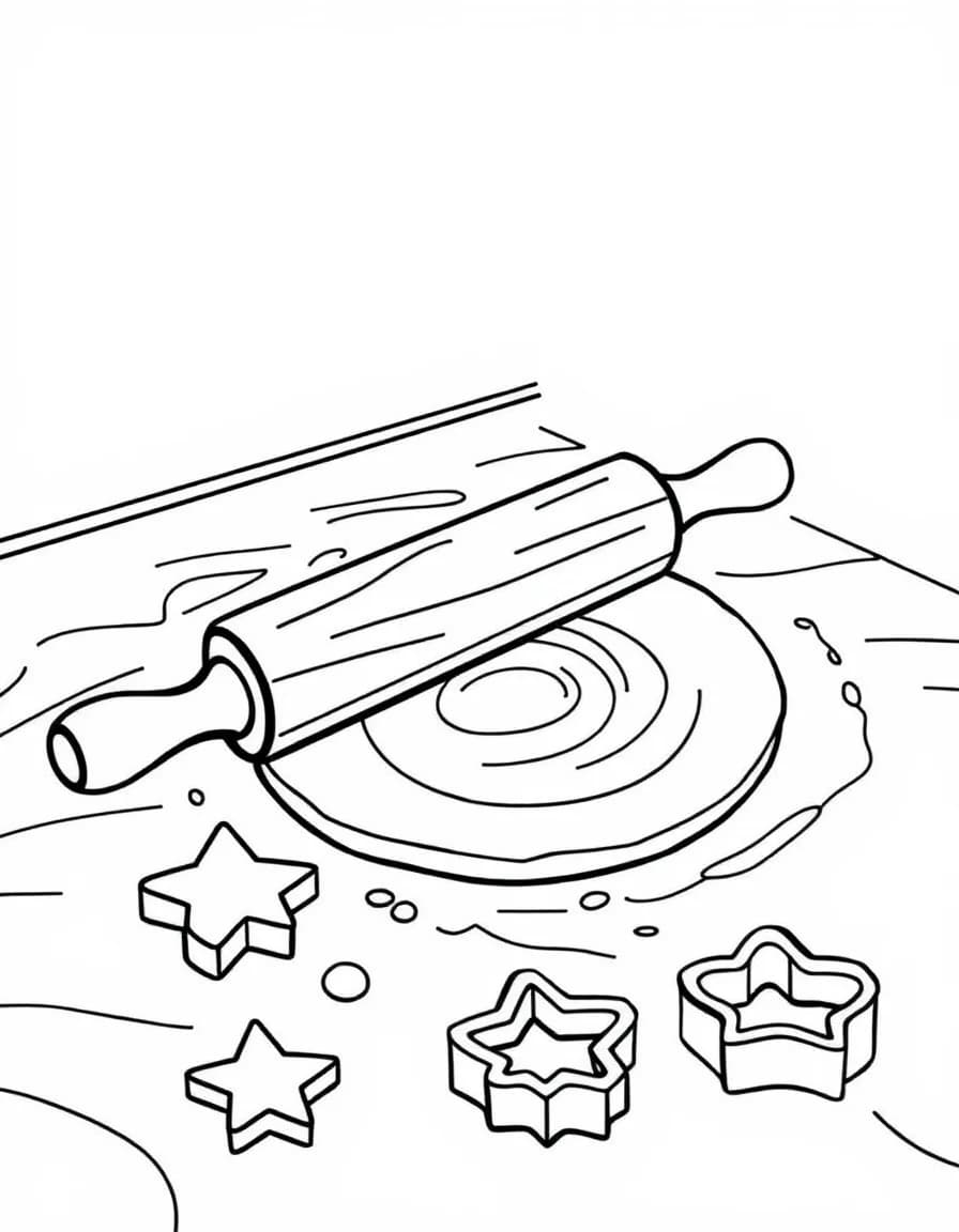Coloriage Cuisine - Rouleau à pâtisserie étalant une pâte à tarte sur le plan de travail fariné avec des emporte-pièces, dessin clair.