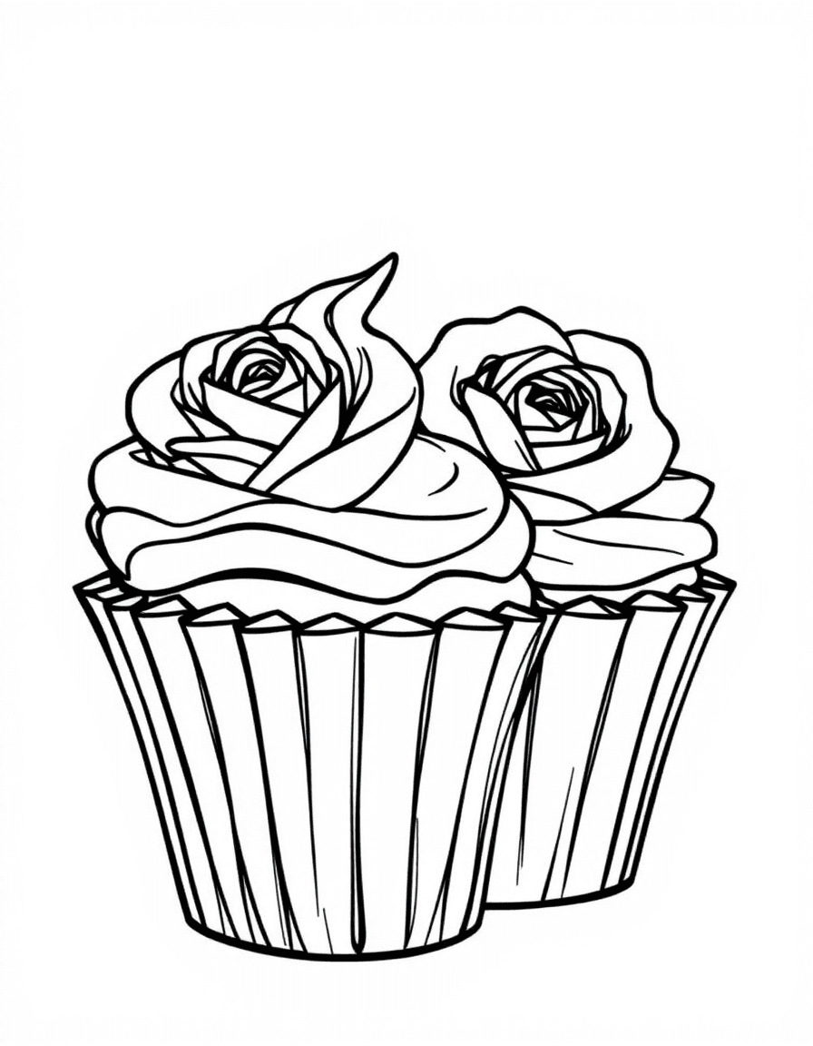 Coloriage Cupcake - Duo de cupcakes raffinés dans leurs caissettes plissées avec glaçage en forme de roses pochées, dessin clair.