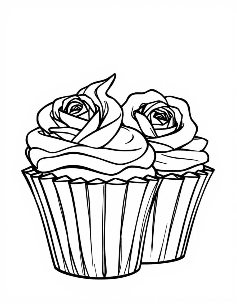 Coloriage Cupcake - Duo de cupcakes raffinés dans leurs caissettes plissées avec glaçage en forme de roses pochées, dessin clair.