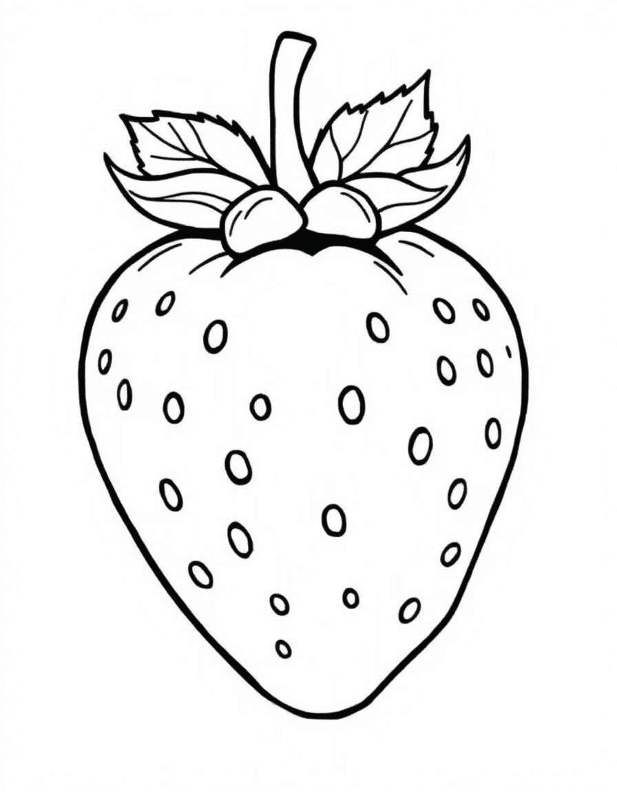 Coloriage Fraise - Grosse fraise charnue et bien mûre avec ses petits grains réguliers et sa collerette de feuilles vertes, contours nets.