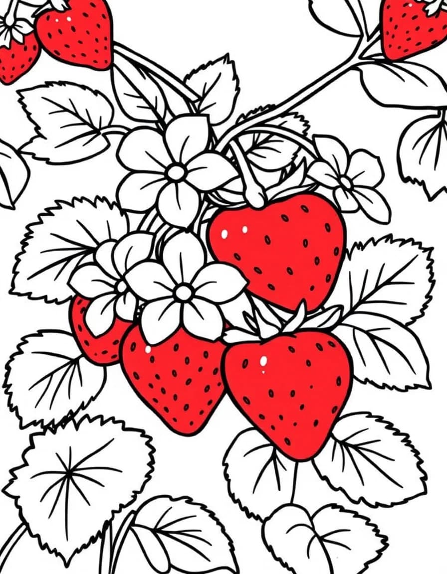 Coloriage Fraise - Branche de fraisier portant des fraises mûres, des feuilles dentelées et de petites fleurs blanches, dessin clair.