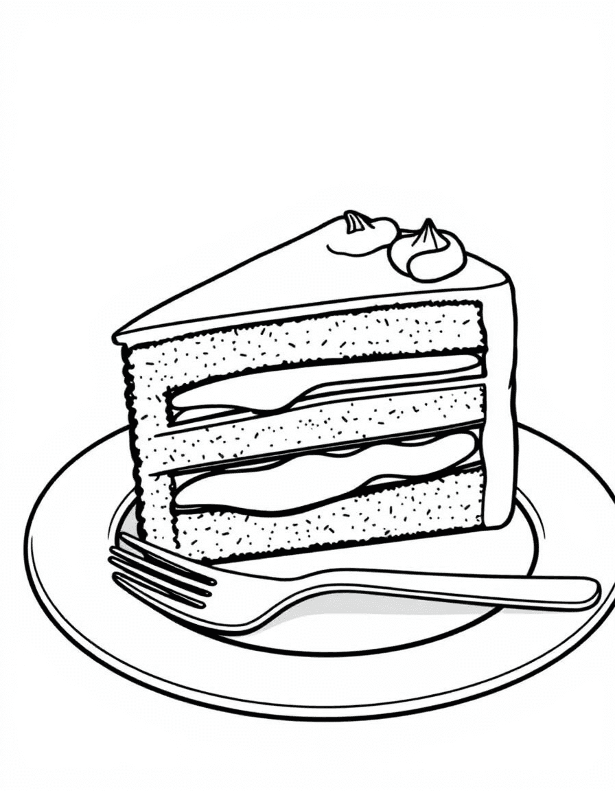 Coloriage Gâteau - Belle part de gâteau à étages avec couches de génoise et crème sur une assiette à dessert avec fourchette, dessin clair.