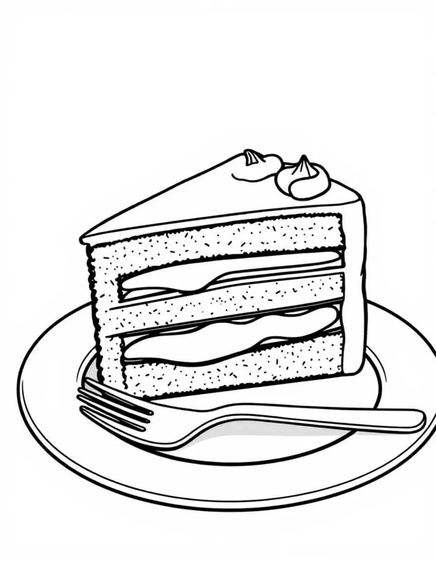 Coloriage Gâteau - Belle part de gâteau à étages avec couches de génoise et crème sur une assiette à dessert avec fourchette, dessin clair.