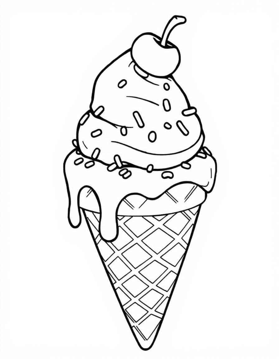 Coloriage Glace - Cône gaufré croustillant avec deux grosses boules de glace, pépites de sucre et cerise au sommet, contours nets.