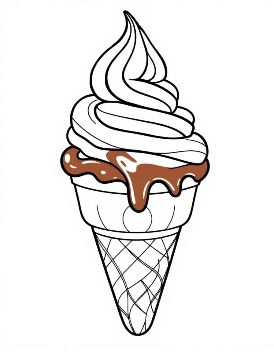 Coloriage Glace - Glace à l'italienne en spirale élégante dans son cornet avec pointe trempée dans le chocolat, dessin clair.