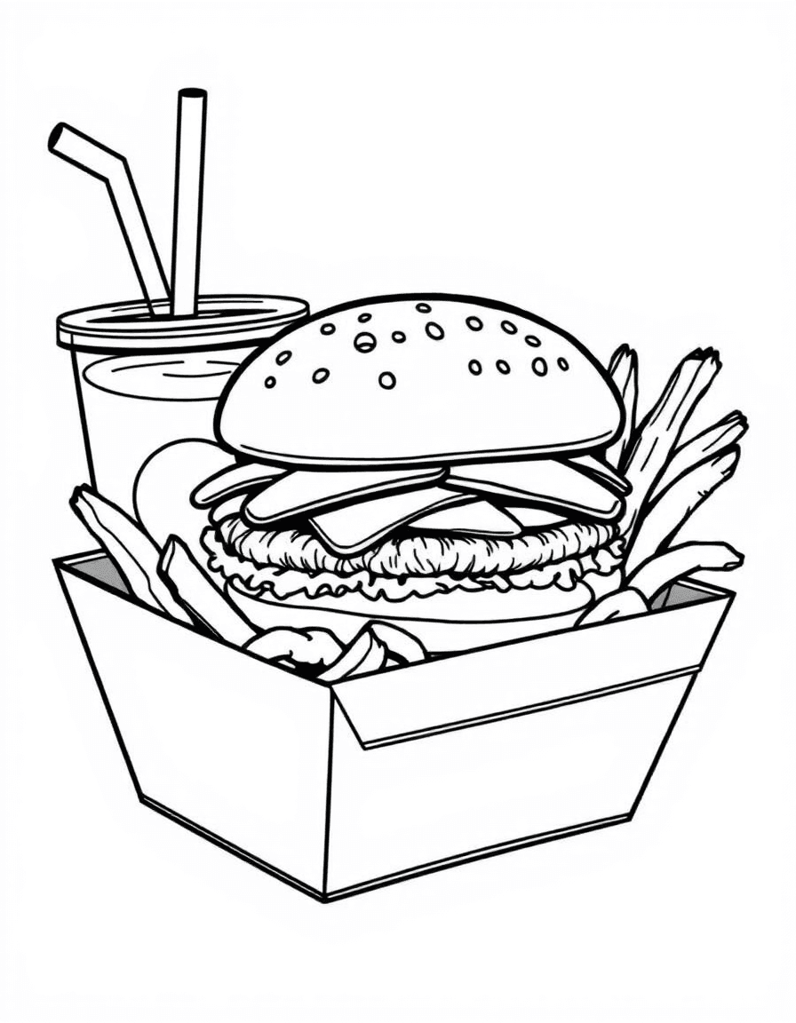 Coloriage Hamburger - Menu burger complet dans un panier avec frites croustillantes et gobelet de soda avec paille, dessin clair.