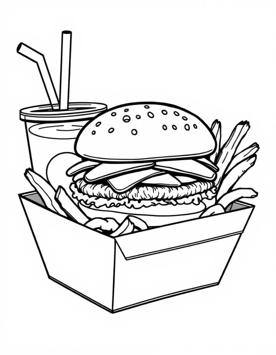 Coloriage Hamburger - Menu burger complet dans un panier avec frites croustillantes et gobelet de soda avec paille, dessin clair.