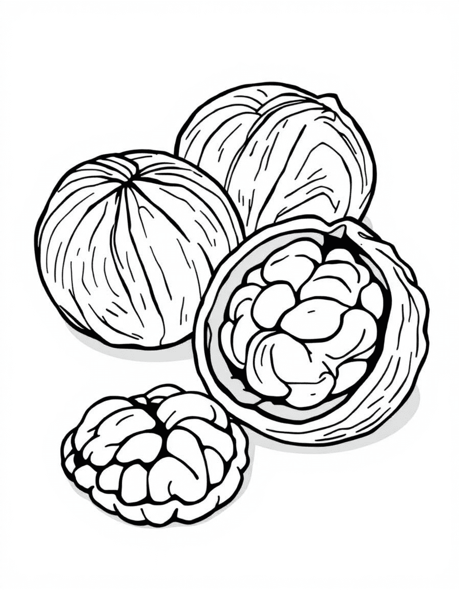 Coloriage Noix - Deux noix entières à coquille rainurée posées à côté d'une noix ouverte dévoilant son cerneau savoureux, contours nets.
