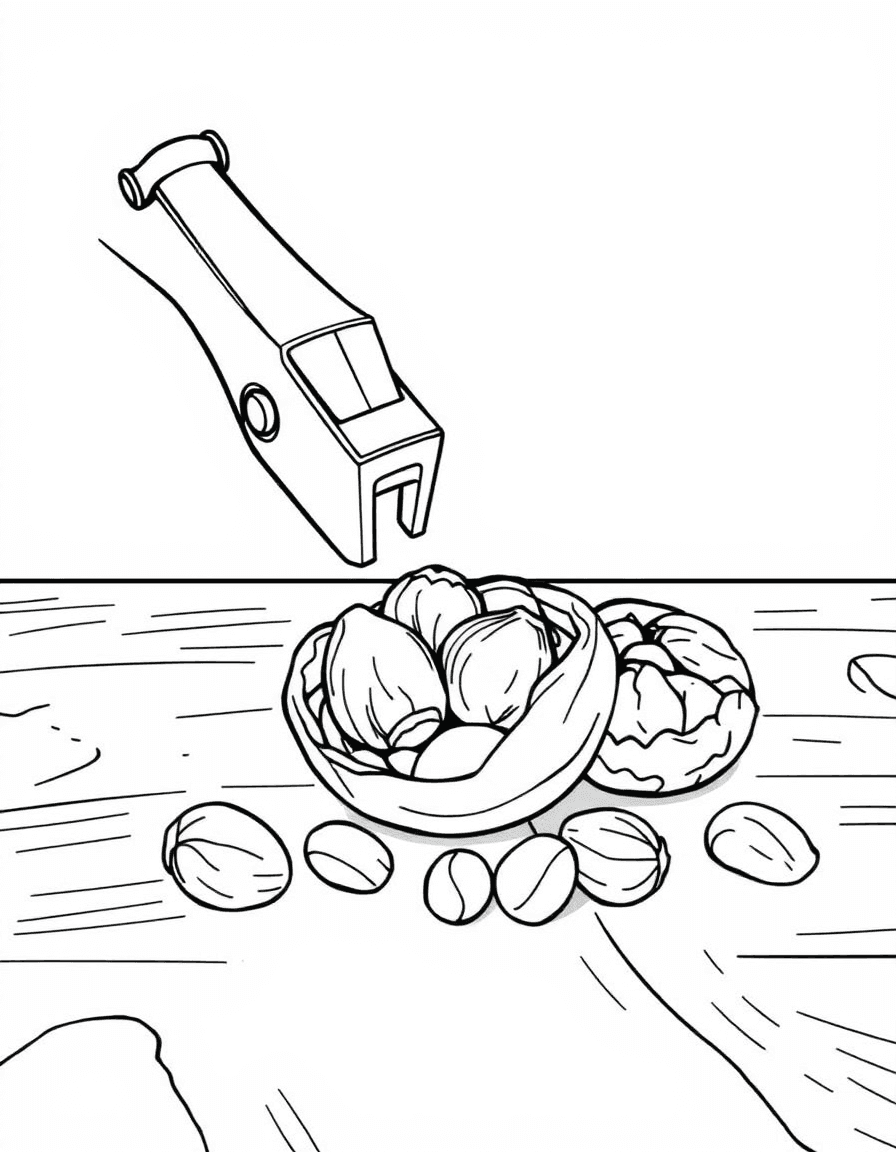 Coloriage Noix - Casse-noisette en métal brisant la coquille d'une noix avec morceaux de cerneaux sur une table en bois, dessin clair.