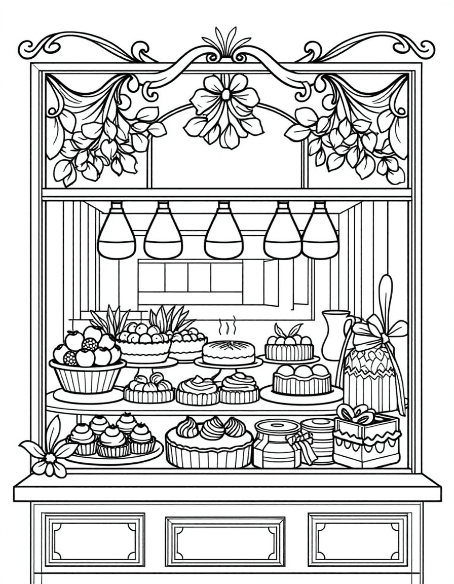 Coloriage Pâtisserie - Vitrine élégante d'une pâtisserie française garnie de tartelettes aux fruits, éclairs et mille-feuilles, contours nets.