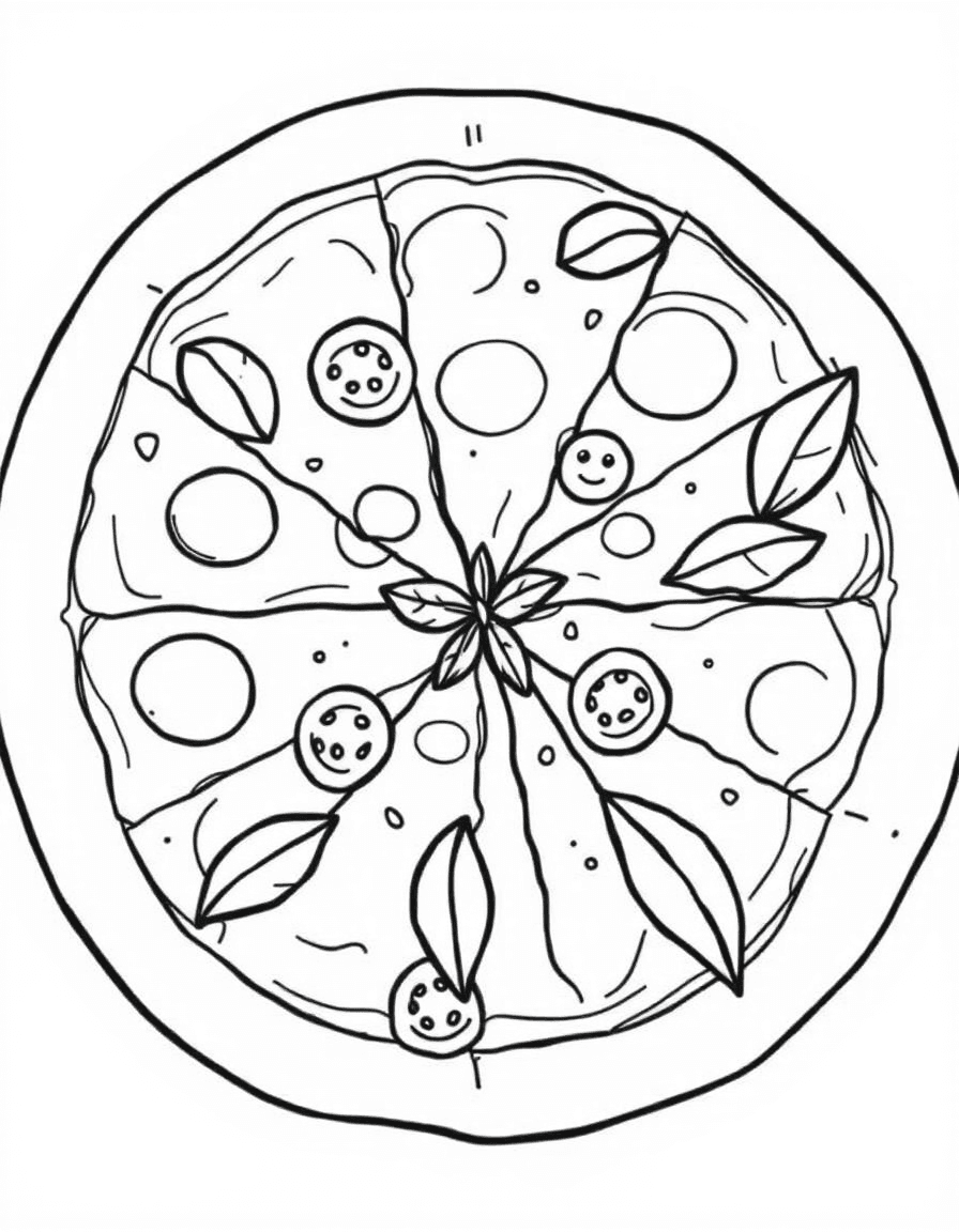 Coloriage Pizza - Grande pizza ronde italienne découpée en huit parts garnie de mozzarella fondue, pepperoni et basilic, contours nets.