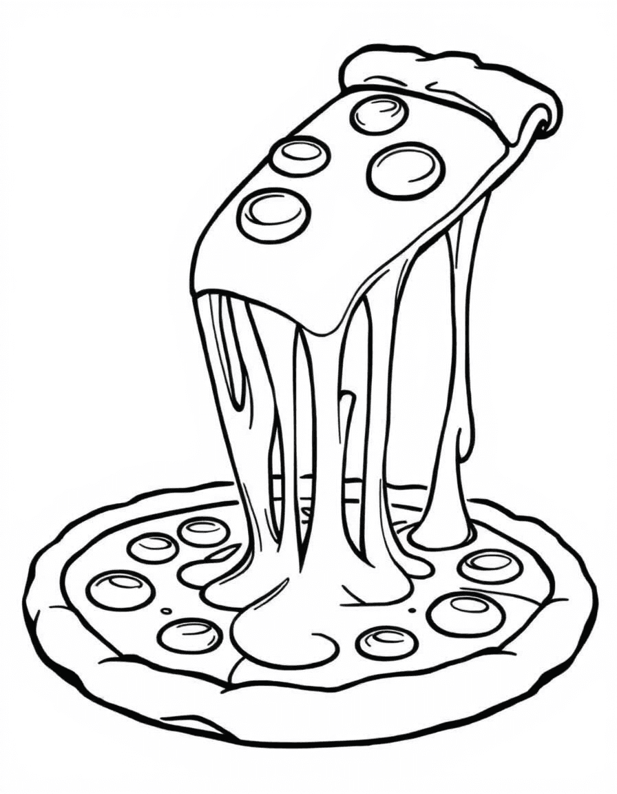 Coloriage Pizza - Part de pizza soulevée laissant s'étirer de longs fils de fromage fondant et coulant, dessin clair.