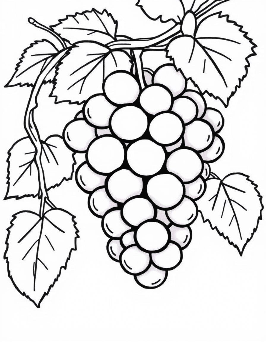 Coloriage Raisin - Belle grappe de raisins dodus et serrés pendant d'un sarment de vigne avec de grandes feuilles découpées, contours nets.