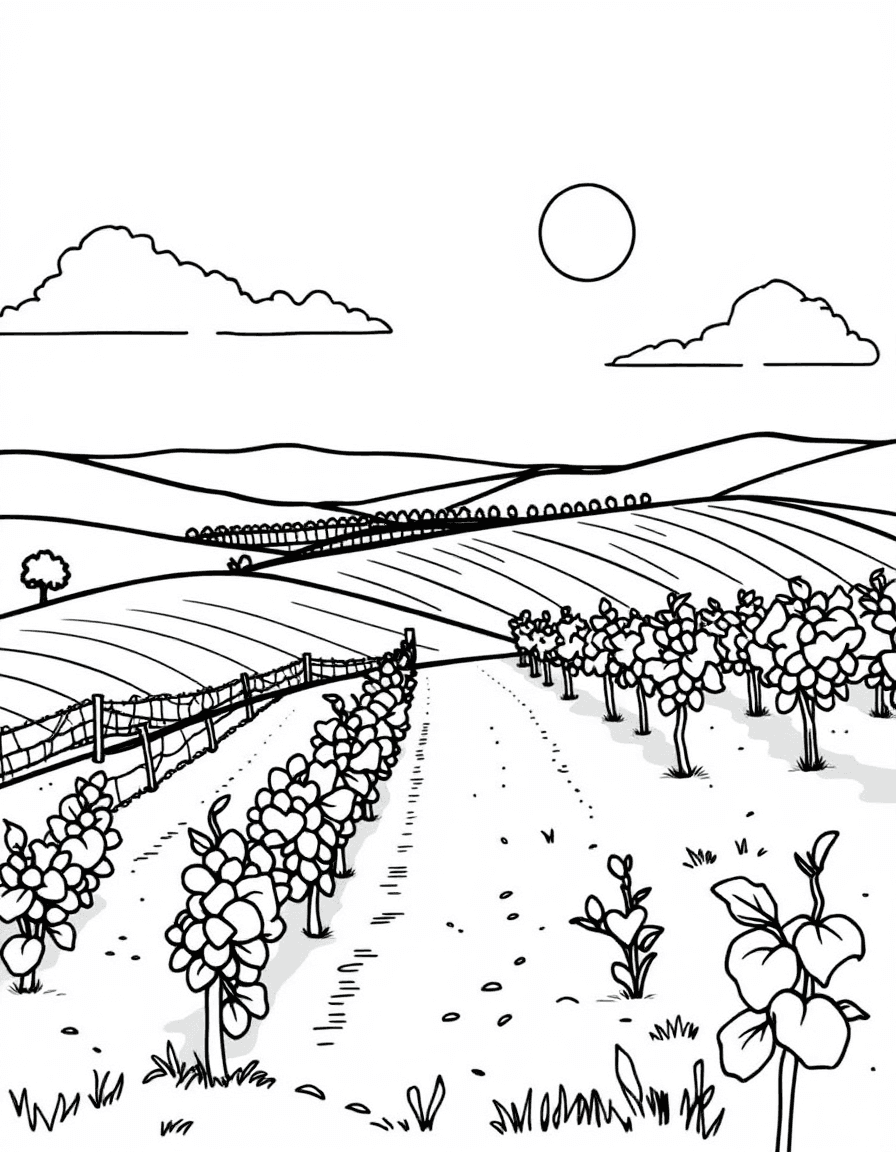 Coloriage Raisin - Paysage vallonné de vignoble avec ses rangs de vignes s'étendant à perte de vue sous le soleil, dessin clair.