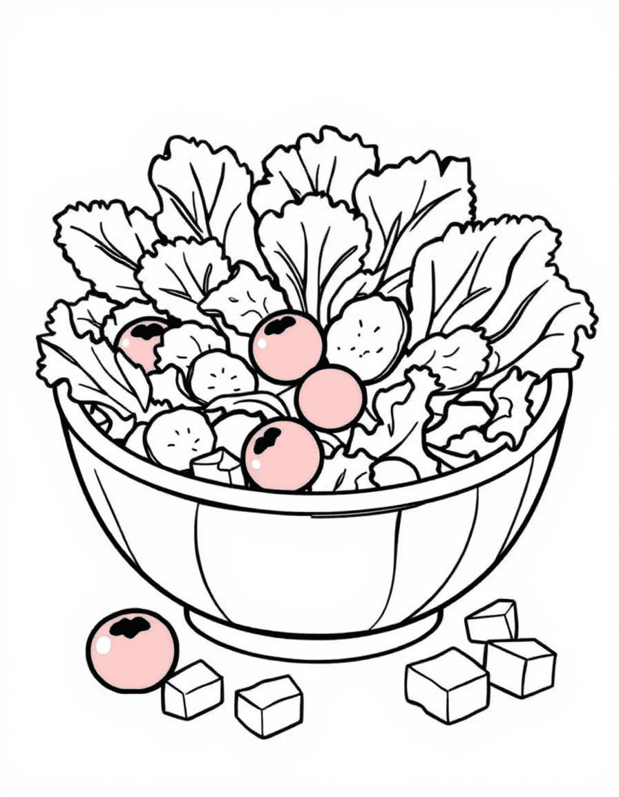 Coloriage Salade - Grand saladier en bois rempli de feuilles de salade croquante, rondelles de concombre, tomates cerises et croûtons, contours nets.