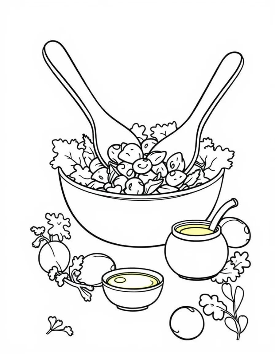 Coloriage Salade - Couverts à salade en bois mélangeant une salade composée avec burettes d'huile et de vinaigre à côté, dessin clair.