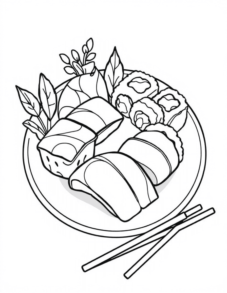 Coloriage Sushi - Plateau de sushis japonais avec nigiris au saumon et thon, makis au concombre et baguettes en bois, contours nets.