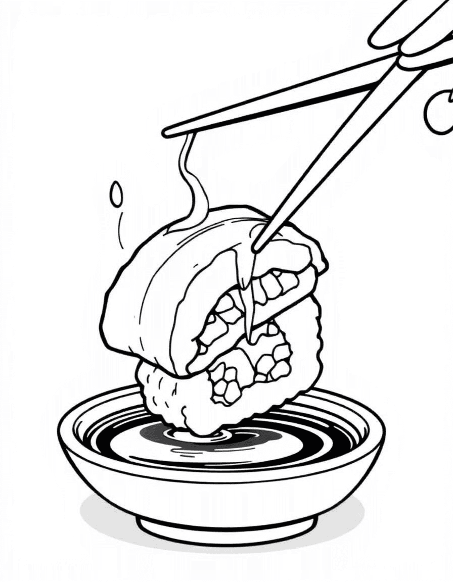Coloriage Sushi - Paire de baguettes en bambou saisissant un sushi nigiri au saumon au-dessus d'une coupelle de sauce soja, dessin clair.