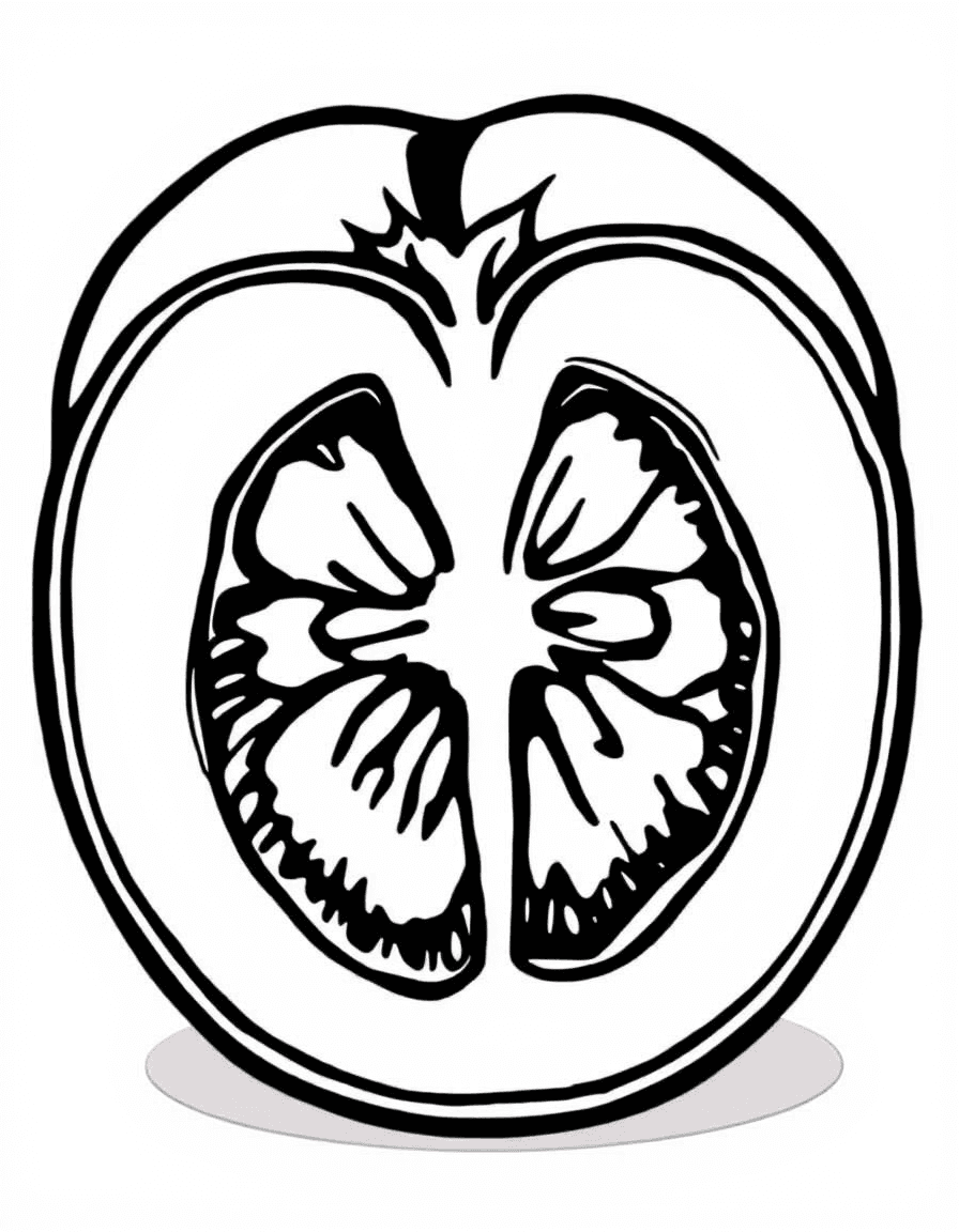 Coloriage Tomate - Tomate fraîche coupée en deux montrant les cavités à graines, la pulpe juteuse et la chair, dessin clair.