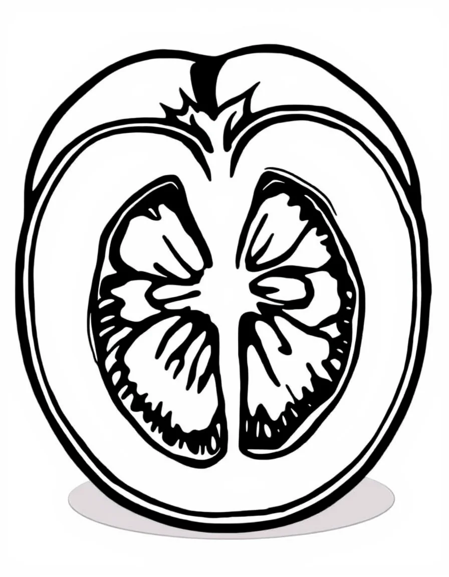 Coloriage Tomate - Tomate fraîche coupée en deux montrant les cavités à graines, la pulpe juteuse et la chair, dessin clair.