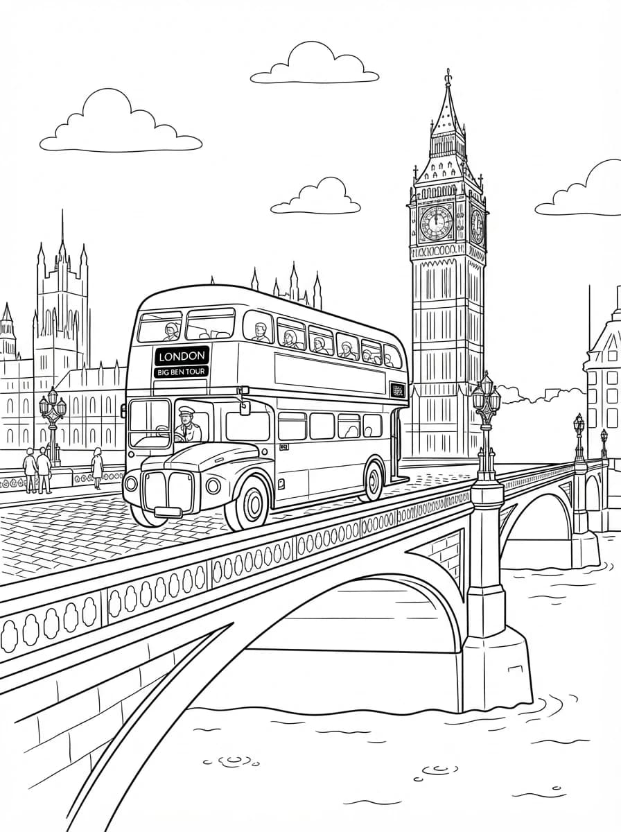 Coloriage Balade en bus rouge à Londres