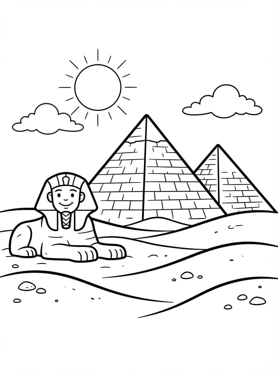 Coloriage Le Sphinx Souriant et les Pyramides de Gizeh