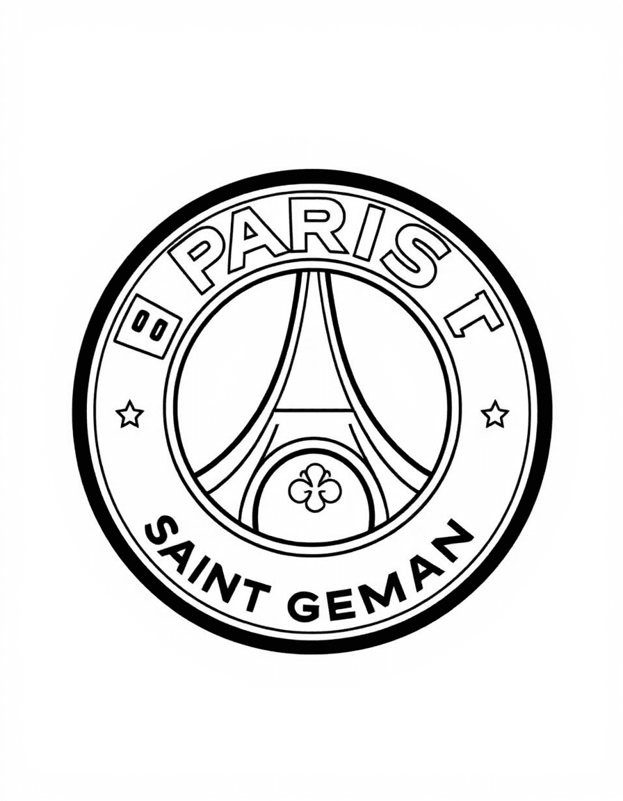 Coloriage PSG Paris Saint-Germain - Écusson emblématique du Paris Saint-Germain avec la Tour Eiffel stylisée et la fleur de lys, contours nets.
