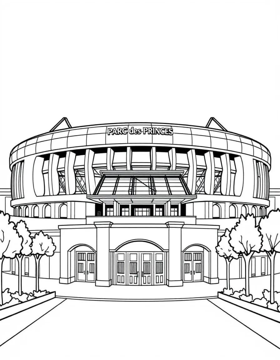 Coloriage PSG Paris Saint-Germain - Le stade du Parc des Princes avec son architecture en nervures de béton et ses portes d'entrée, dessin clair.