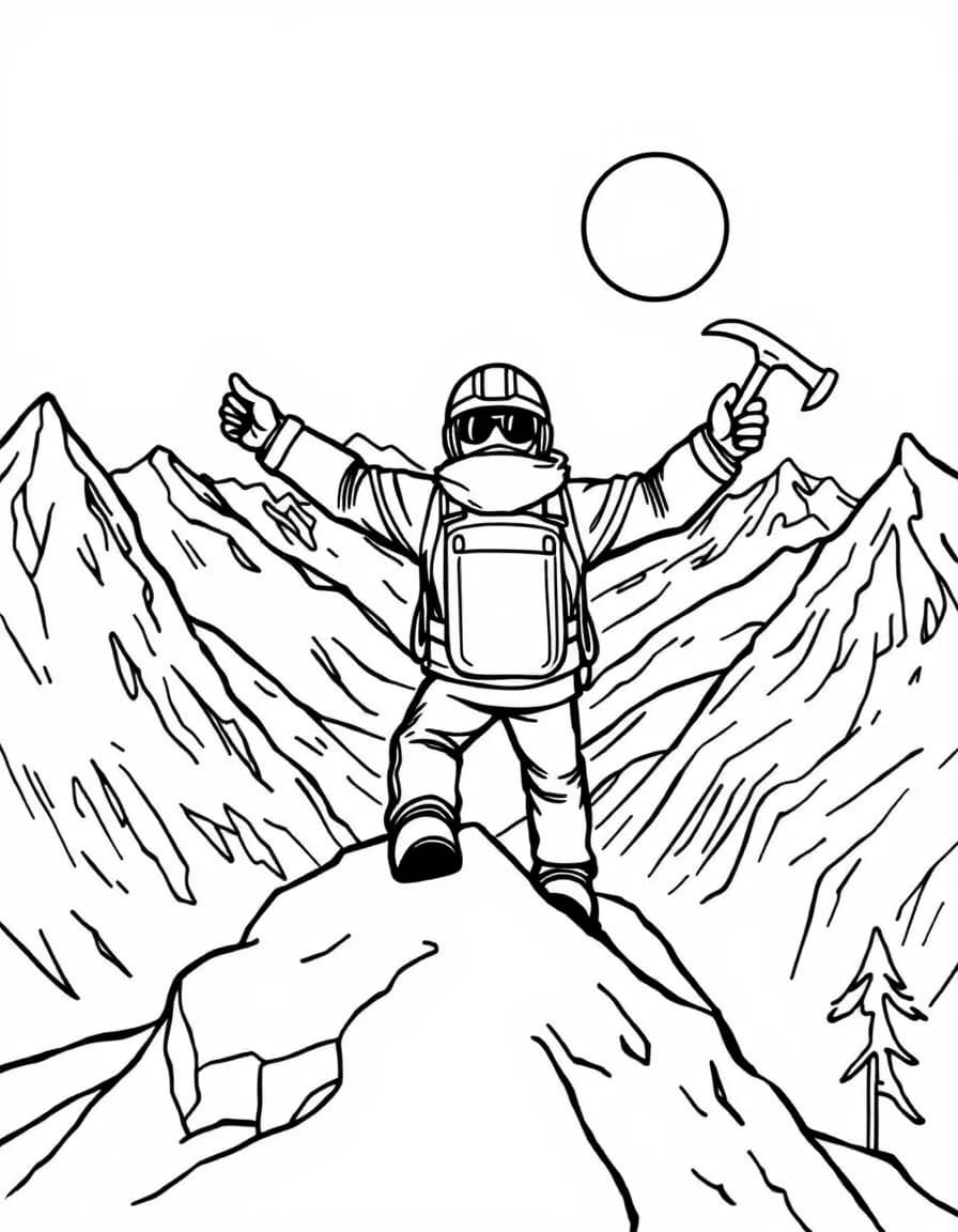 Coloriage Alpinisme - Alpiniste victorieux atteignant le sommet enneigé levant les bras au ciel avec son piolet, traits nets.