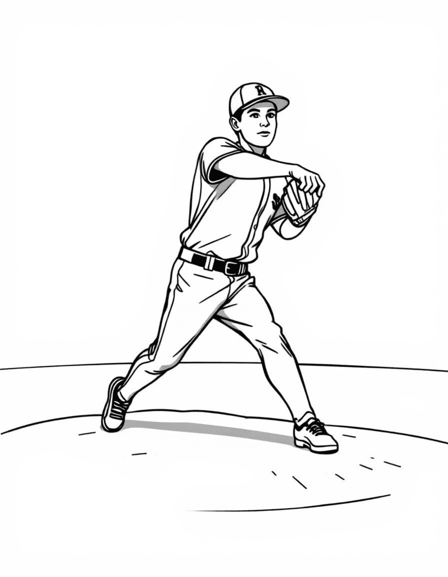 Coloriage Baseball - Lanceur de baseball sur le monticule en plein mouvement de lancer vers le marbre avec détermination, traits nets.