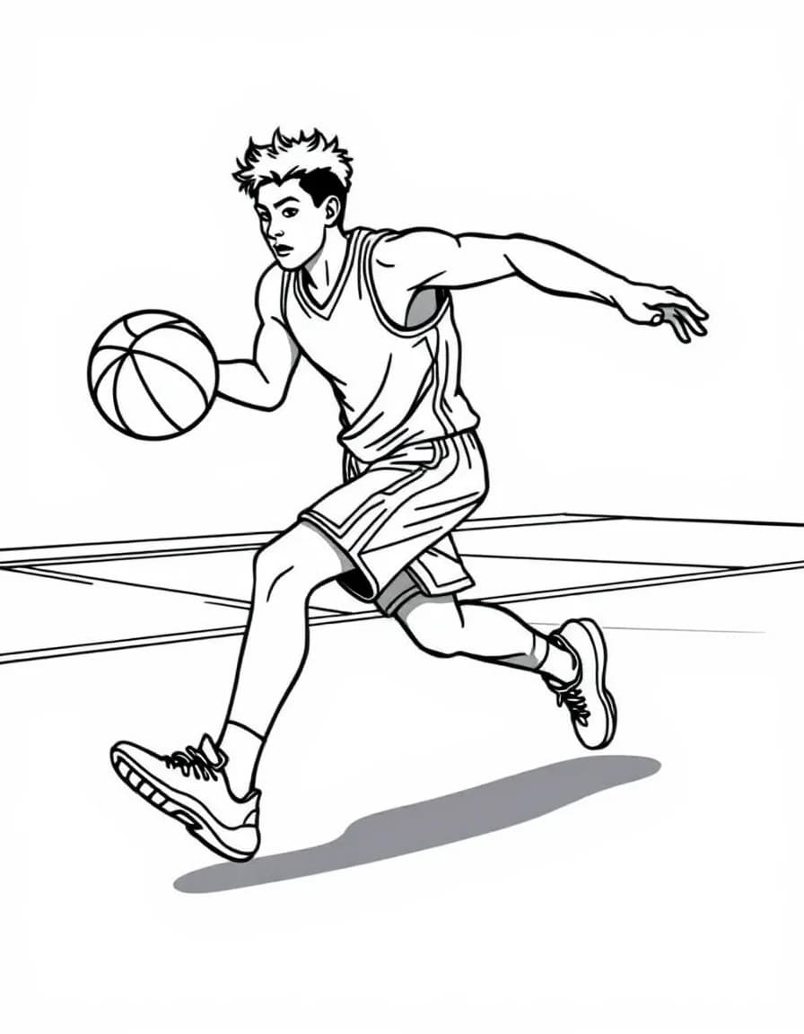 Coloriage Basket - Joueur de basket dribblant entre les jambes avec agilité sur le goudron d'un terrain en plein air, traits nets.