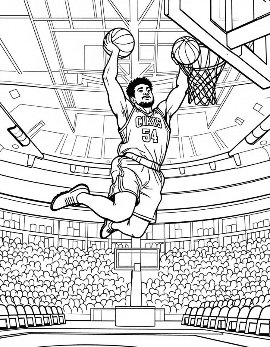 Coloriage Basketball - Joueur de basketball professionnel s'élevant dans les airs pour un dunk puissant à deux mains dans le gymnase, contours nets.