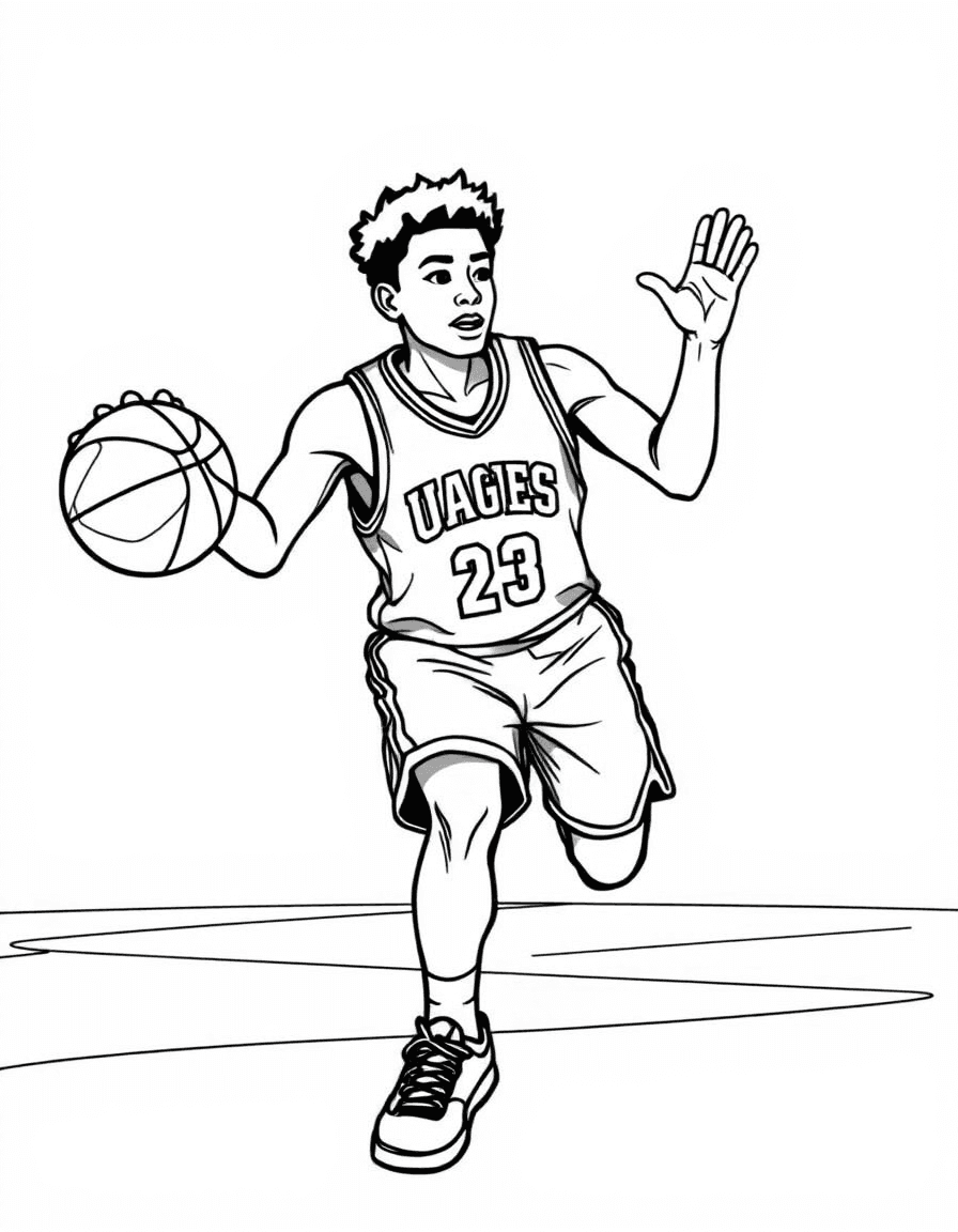 Coloriage Basketball - Meneur de jeu en maillot dribblant en tête de raquette et indiquant la tactique à son équipe, traits nets.
